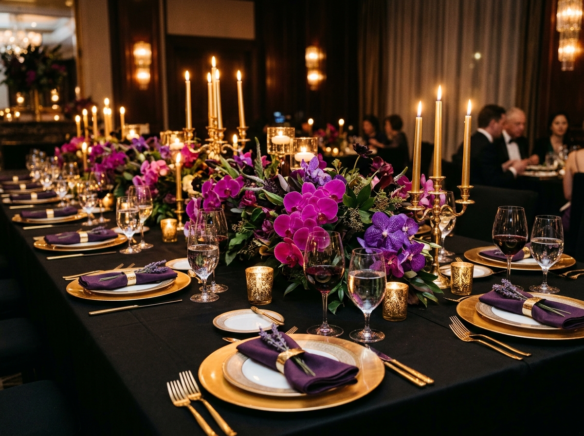 Gold & Purple Table Decor